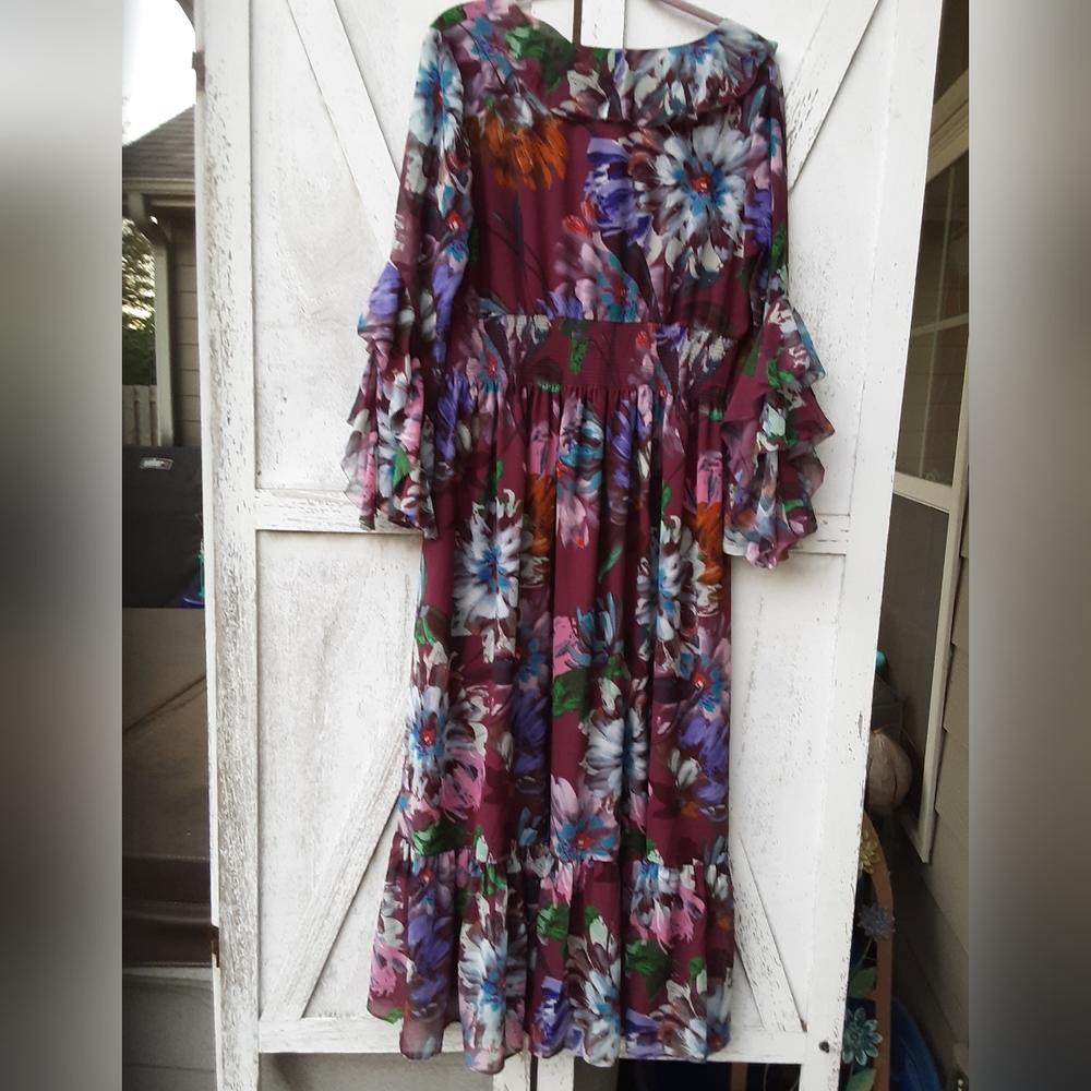 Soft Surroundings Floral Long Sleeve Dress - Burgandy and Blue - Picture 5 of 5